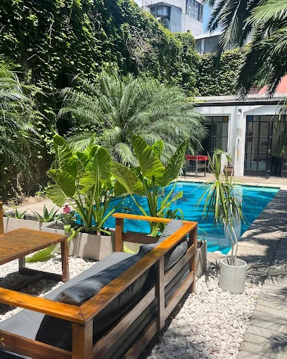 Terraza al aire libre con pileta, palmeras y sillones de madera, en Palermo, Buenos Aires
